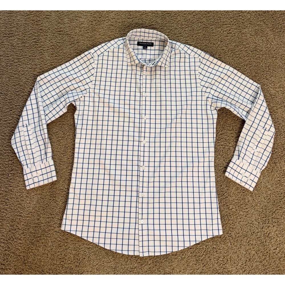 Mizzen+Main Leeward Trim Fit Dress Shirt Mens Large White Blue Grid Performance